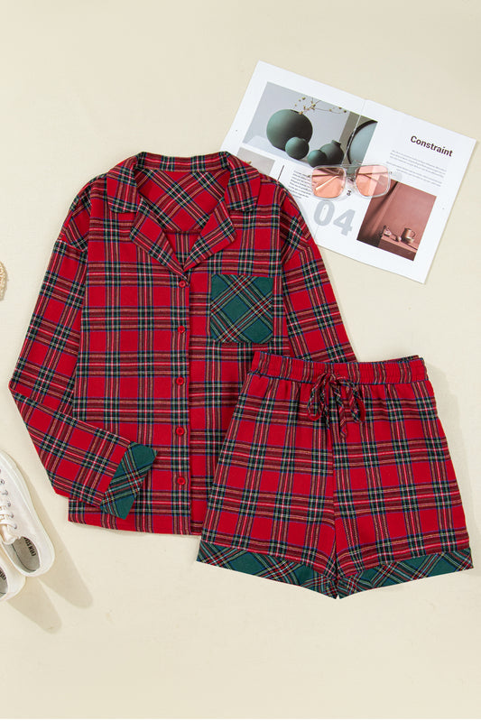 Red Plaid Contrast Patched Christmas Holiday Long Sleeve Shirt and Short Two Piece Pajama Set