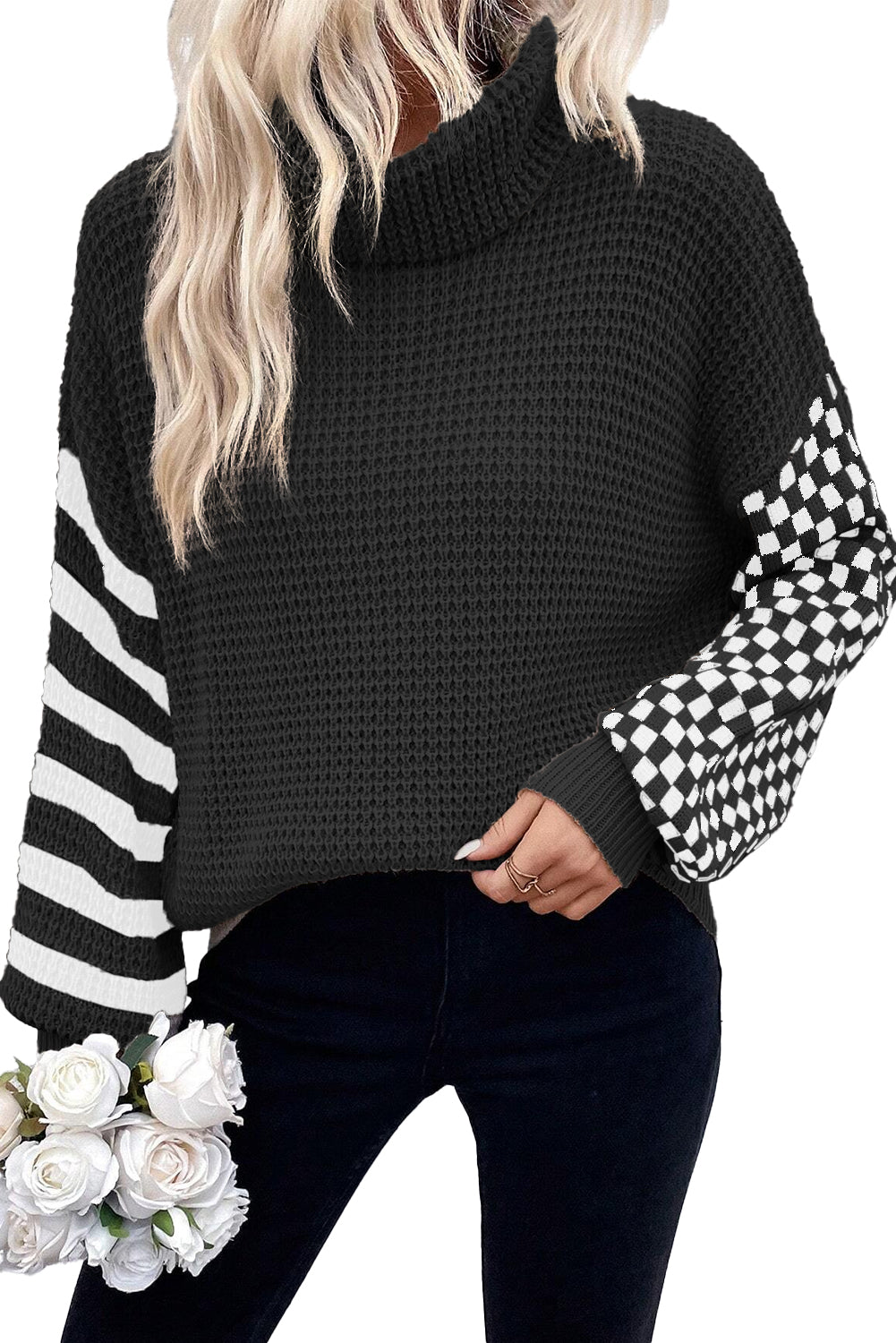 Black Striped Plaid Patchwork Waffle Knit Turtleneck Sweater