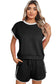 Black Textured Contrast Trim Tee & Drawstring Shorts Set