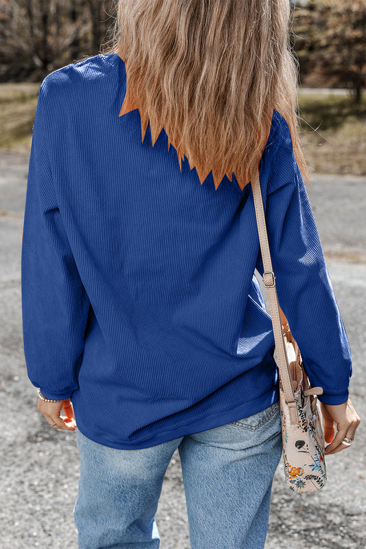 Dark Blue Ribbed Texture Sequin Football Patched Baggy Sweatshirt