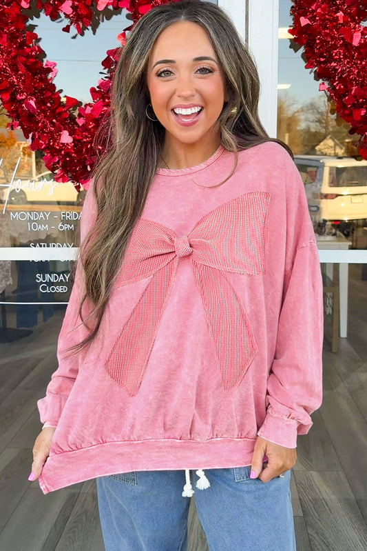 Waffle Knit Mineral Wash Pullover with Bow Detail