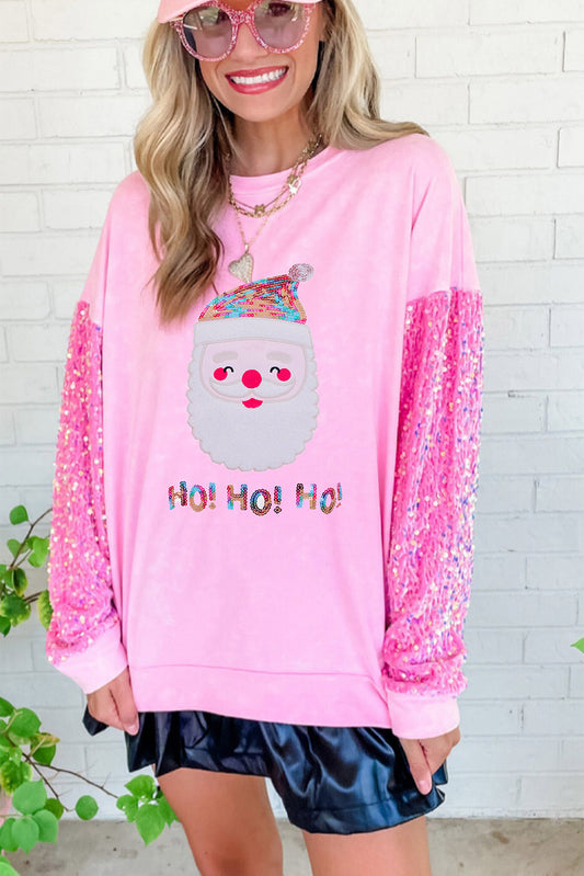 Pink HO HO HO Sequin Sleeve Mineral Washed Graphic Sweatshirt