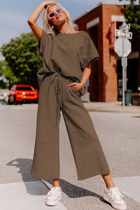 Brown Textured Loose Fit T-Shirt and Drawstring Pants Set