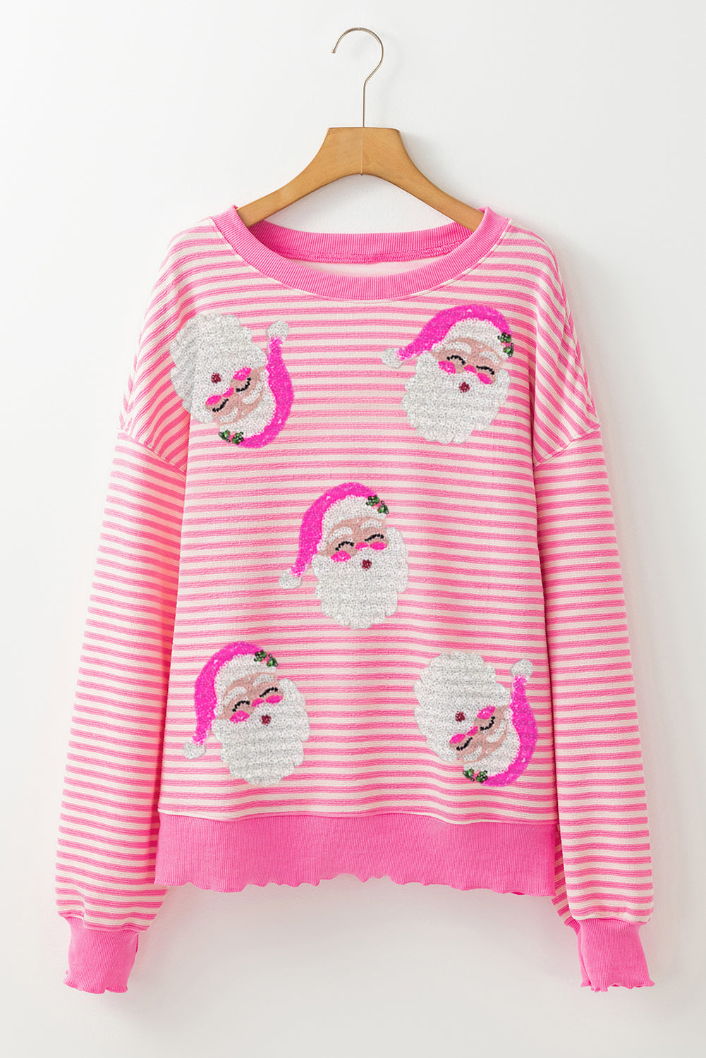 Pink Stripe Santa Claus Print Drop Shoulder Long Sleeve Loose Top