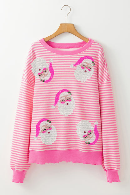 Pink Stripe Santa Claus Print Drop Shoulder Long Sleeve Loose Top