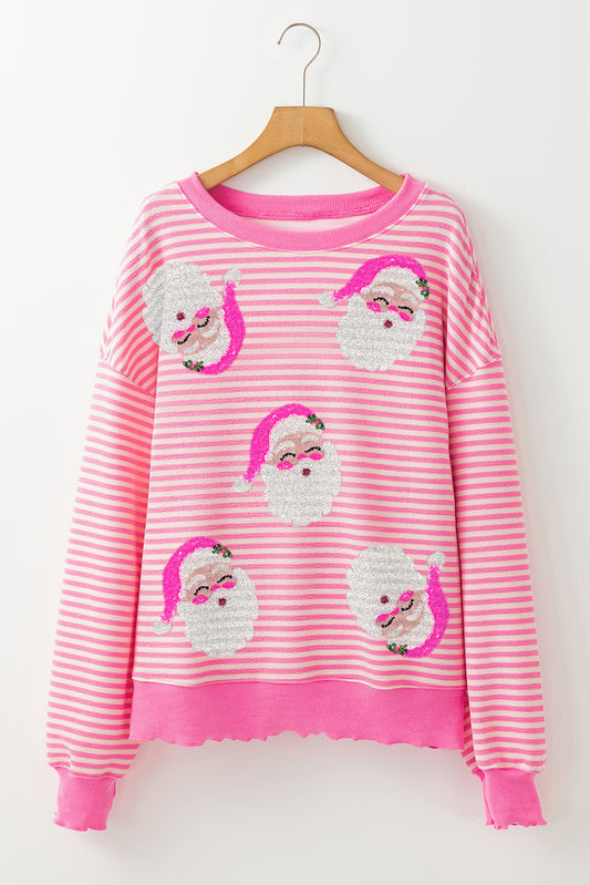 Pink Stripe Santa Claus Print Drop Shoulder Long Sleeve Loose Top