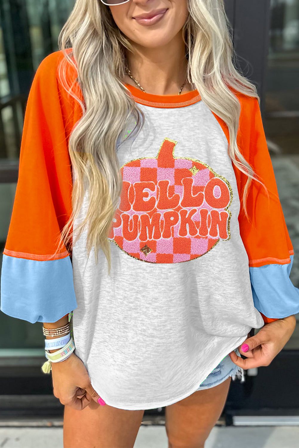 Light Grey Hello Pumpkin Patched Graphic Colorblock Bubble Sleeve Raglan Top