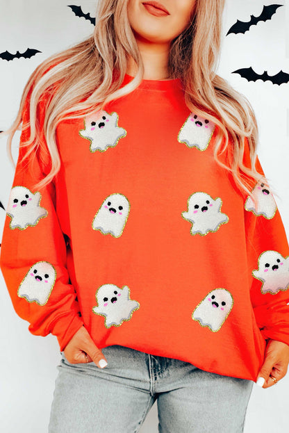 Orange Halloween Ghost Cute Patched Holiday Sweatshirt