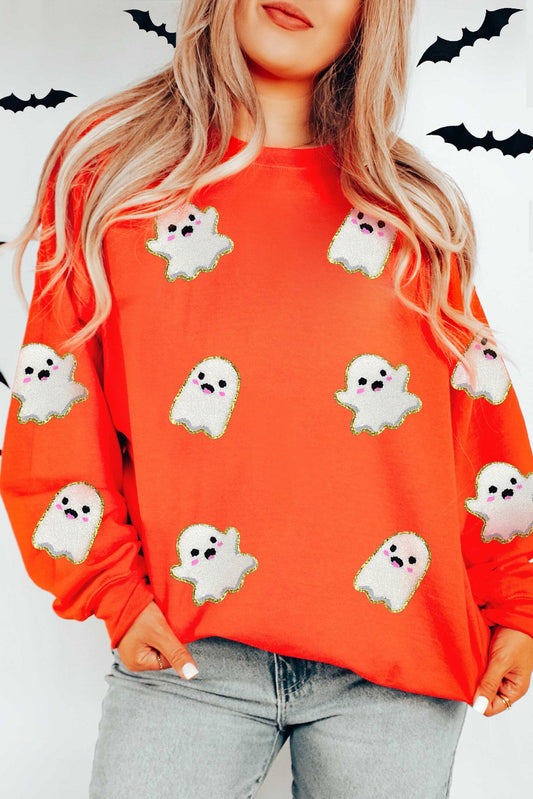 Orange Halloween Ghost Cute Patched Holiday Sweatshirt