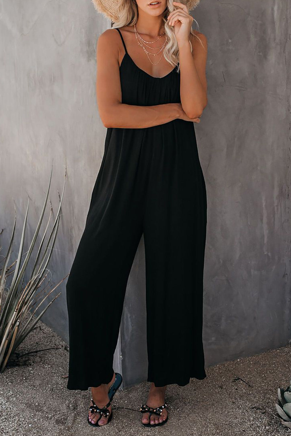 Grey Casual Spaghetti Straps Wide Leg Pocketed Jumpsuits