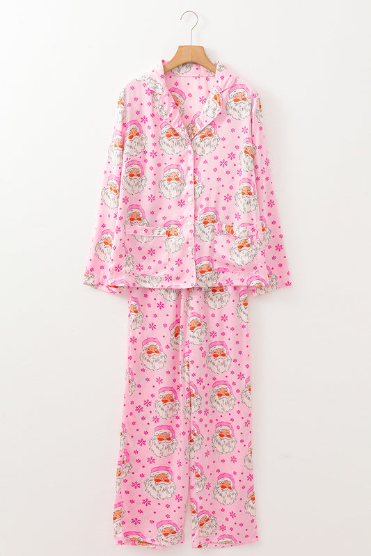 Pink Santa Claus Snowflake Long Sleeve Christmas Pajama Set