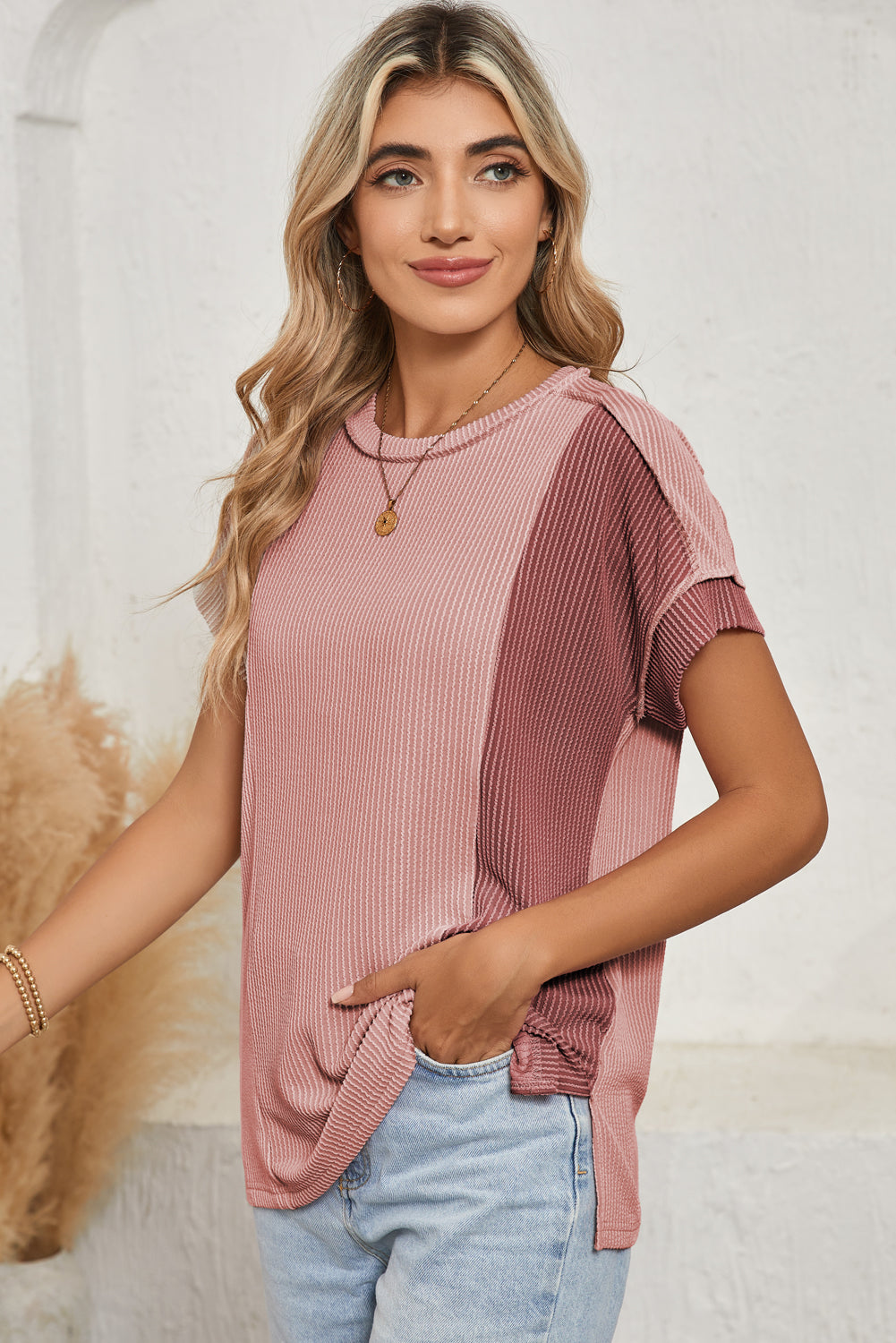 Apricot Pink Colorblock Crinkle Rib Round Neck T Shirt