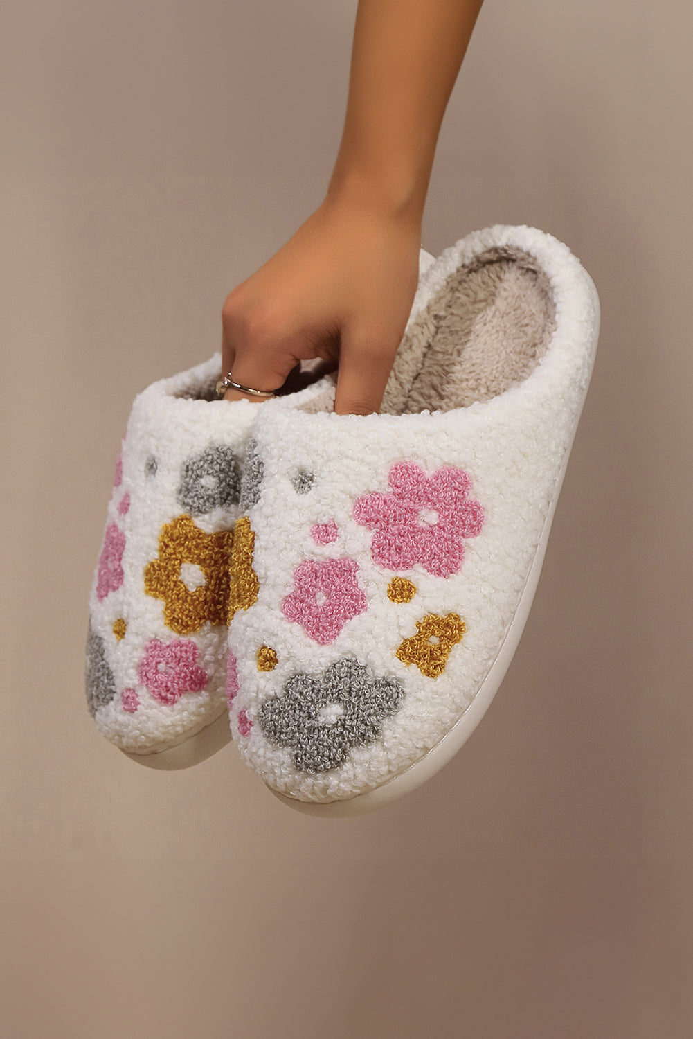 White Floral Fuzzy Slippers