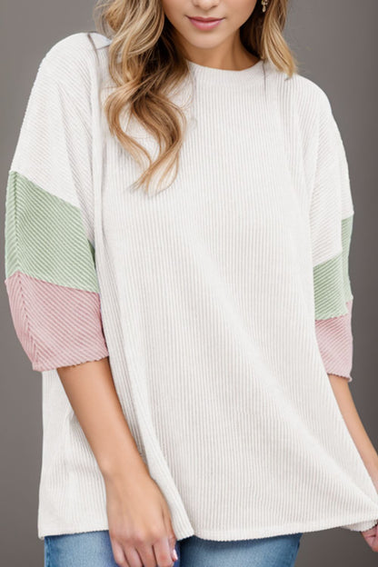 Color Block Round Neck Dropped Shoulder Blouse