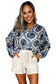 Blue Ethnic Print Button V Neck Loose Shirt