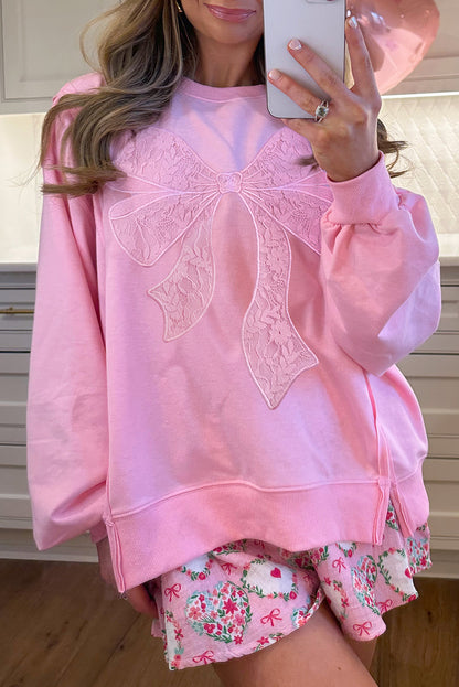 Pink Lace Bow Embroidered Split-Hem Sweatshirt