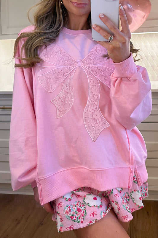 Pink Lace Bow Embroidered Split-Hem Sweatshirt