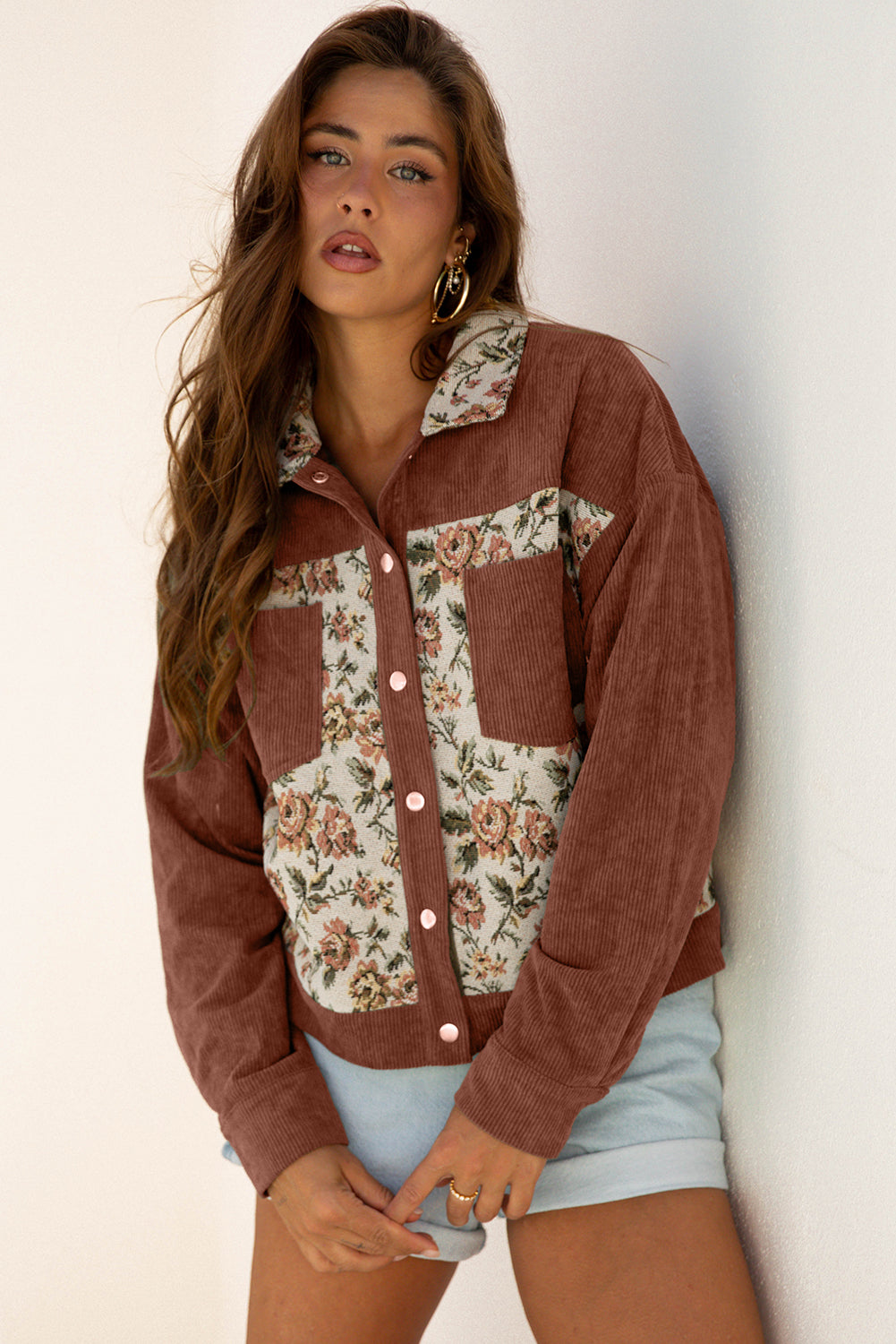 Ribbed Retro Floral Patchwork Shirt Style Jacket