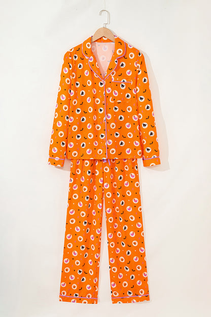 Orange Halloween Print Lapel Shirt and Pants Pajama Set