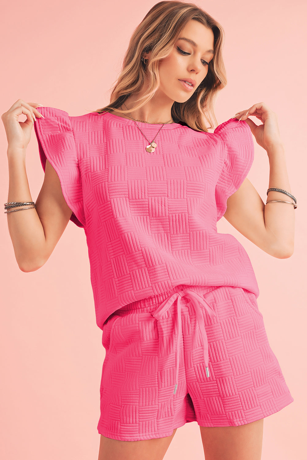 Bonbon Textured Ruffle Sleeve Tee and Drawstring Shorts Set