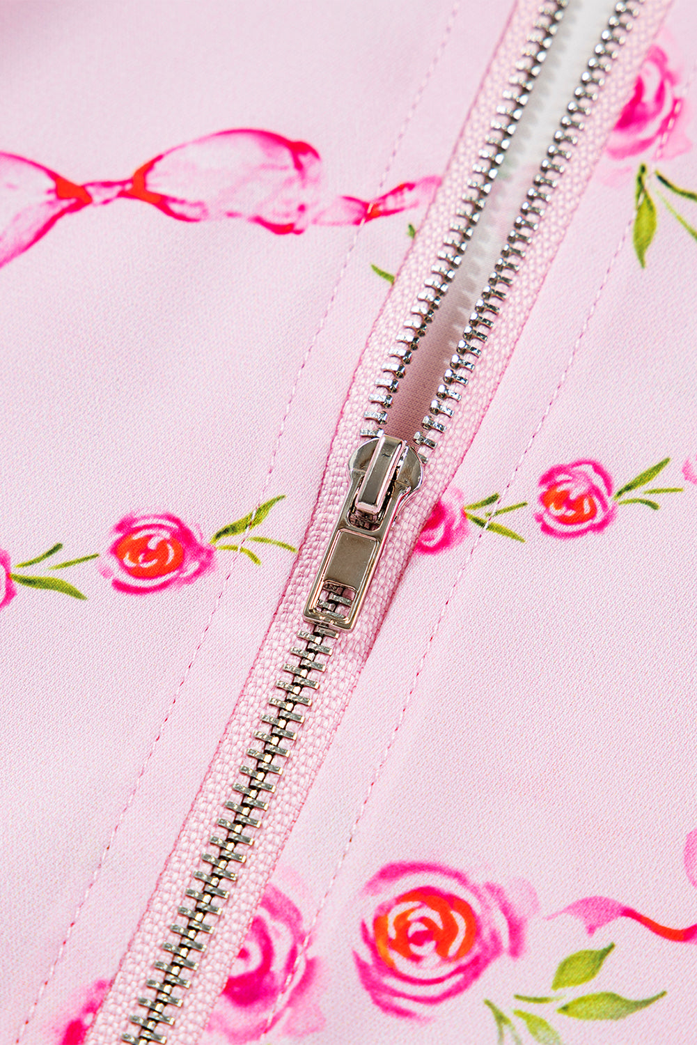 Pink Floral Print Half Zip Drawstring Hoodie