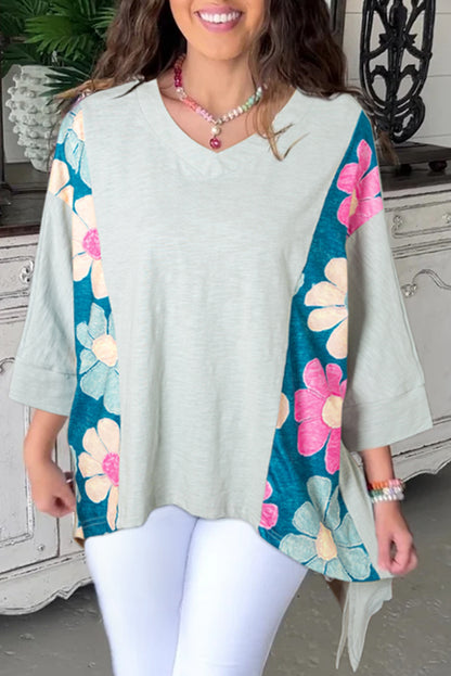 Patchwork Flower V-Neck Bracelet Sleeve Oversized Top
