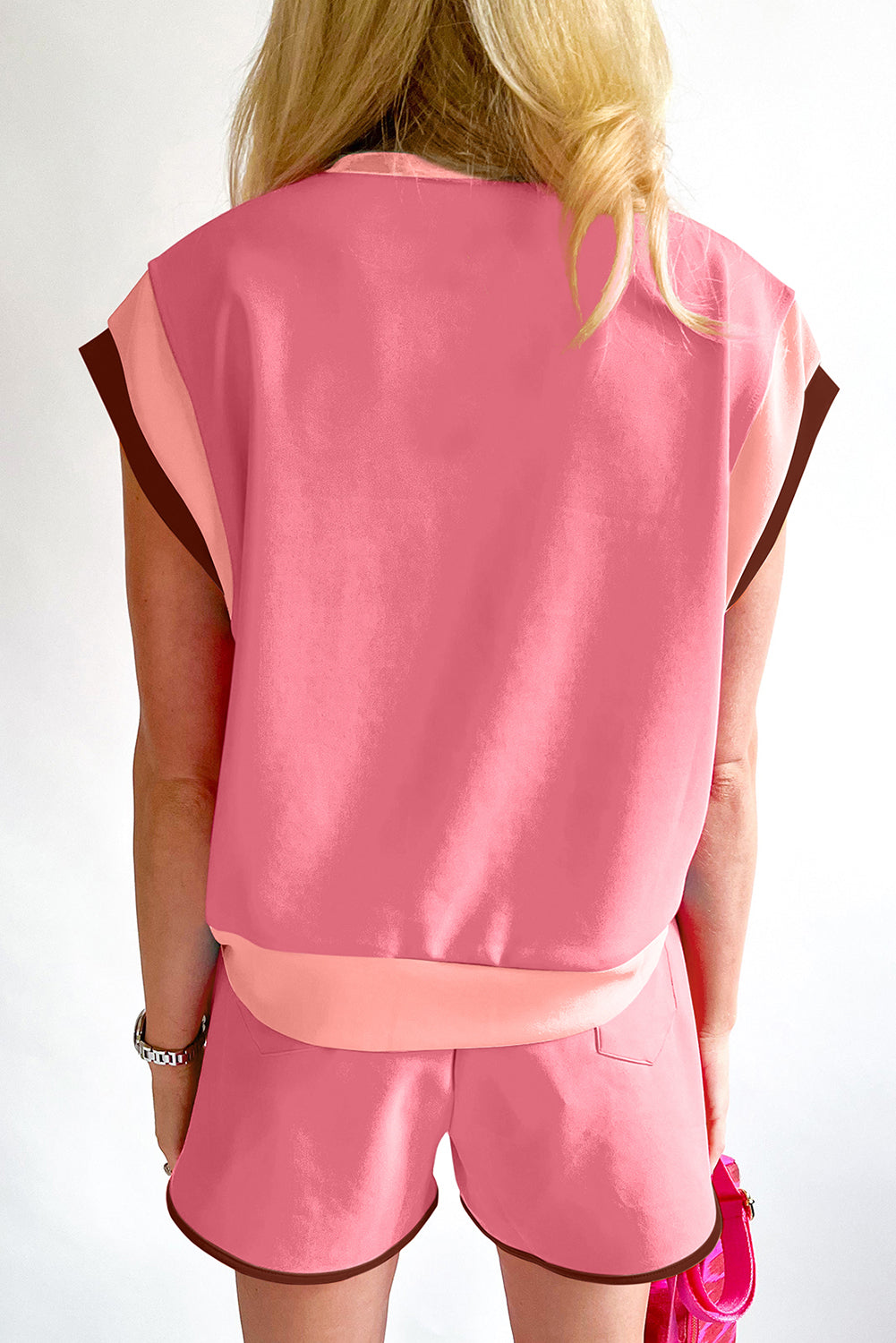 Peach Blossom Contrast Trim Cap Sleeve Tee And Shorts Set
