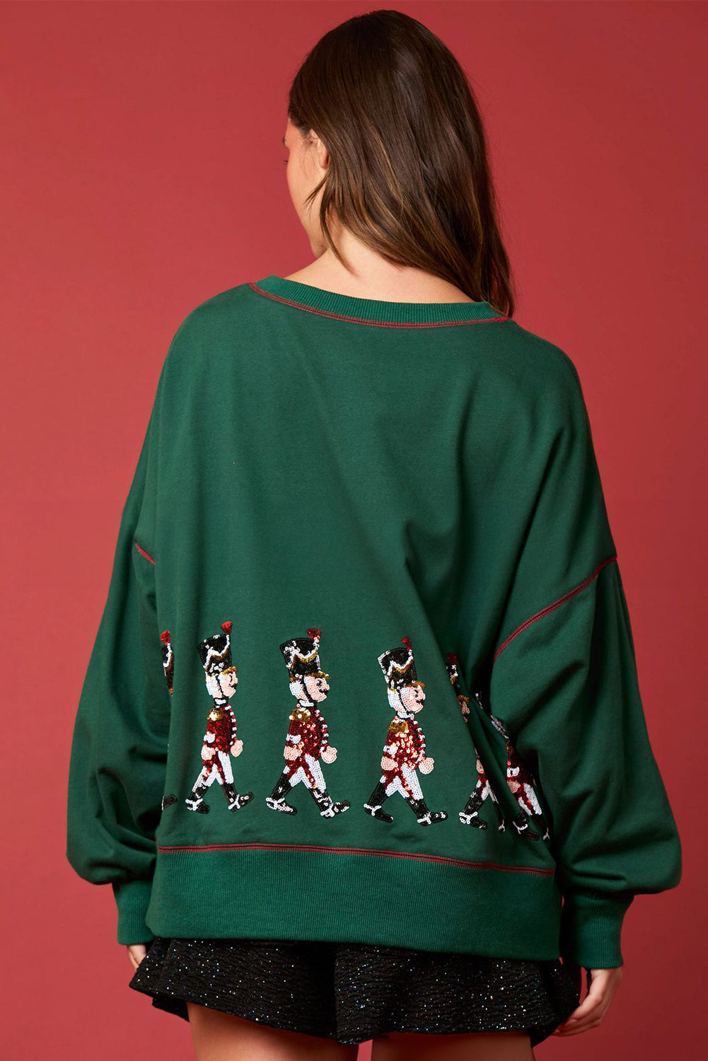 Blackish Green Nutcracker Sequin Round Neck Sweatshirt