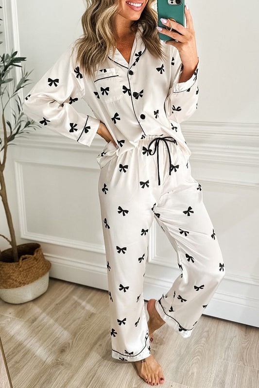 White Bows Print Two Piece Pajamas