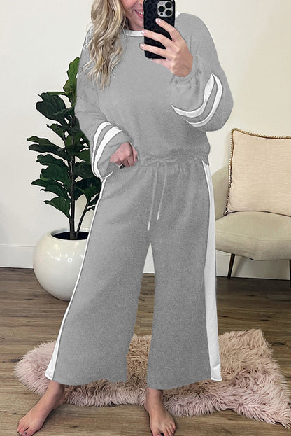 Gray Contrast Trim Long Sleeve Lounge Set