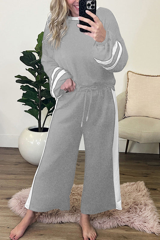 Gray Contrast Trim Long Sleeve Lounge Set
