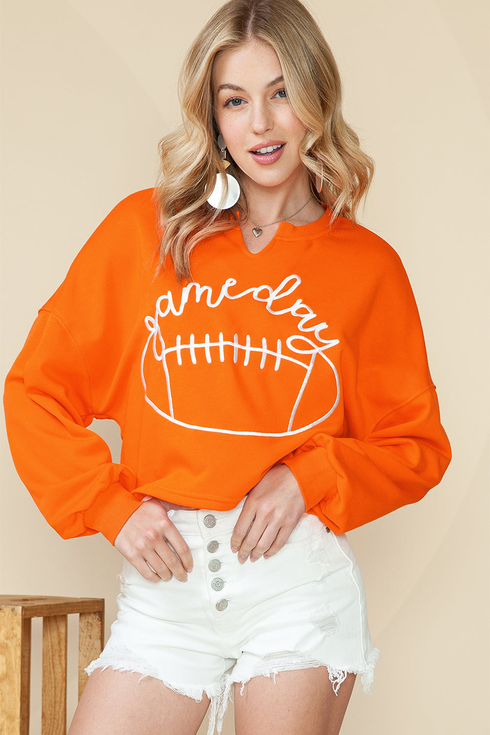 Bright White Game Day Lettering Rugby Notched Neck Cropped Sweatshirt