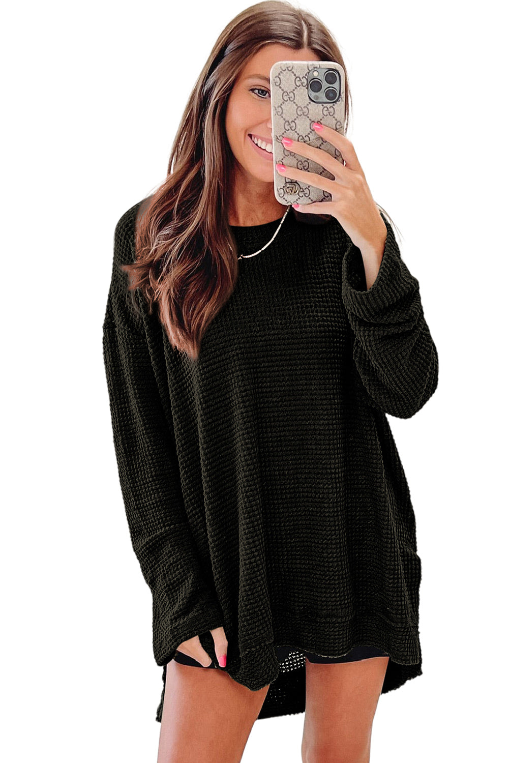 Black Plain Waffle Knit Drop Sleeve Side Slits Oversized Top