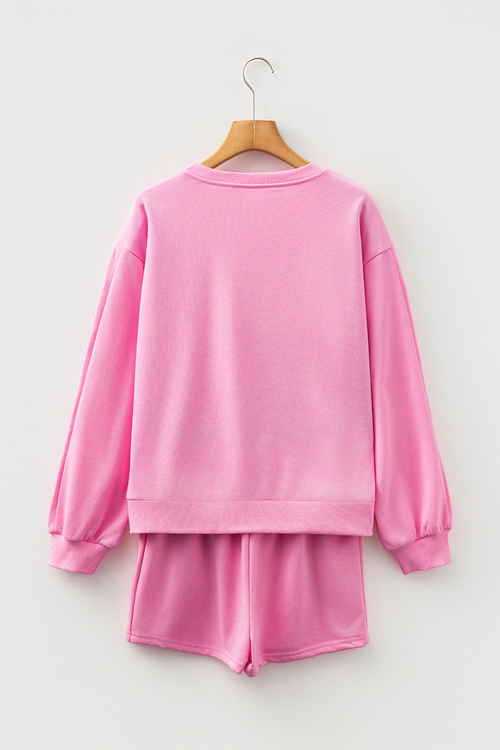 Pink Girly Bow Embroidered Detail Puff Sleeve Pullover Two Piece Short Set