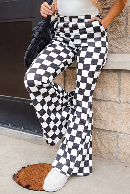 Checkered Flare Pants with Pockets