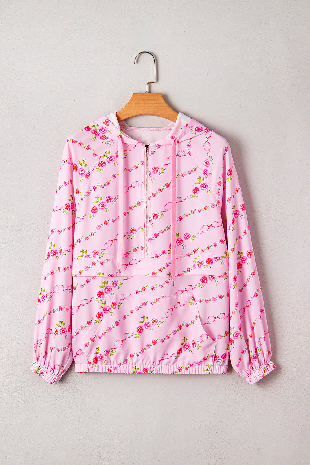 Pink Floral Print Half Zip Drawstring Hoodie