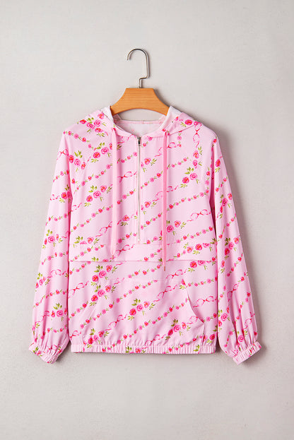 Pink Floral Print Half Zip Drawstring Hoodie