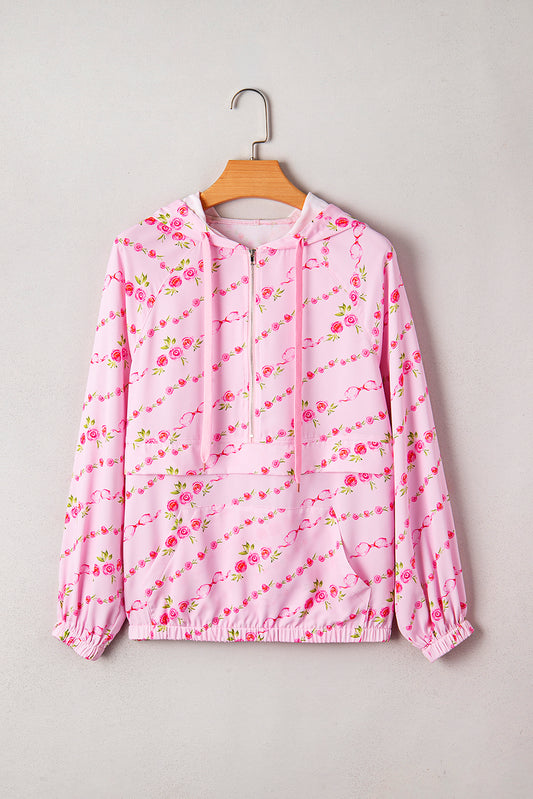 Pink Floral Print Half Zip Drawstring Hoodie