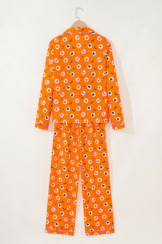 Orange Halloween Print Lapel Shirt and Pants Pajama Set