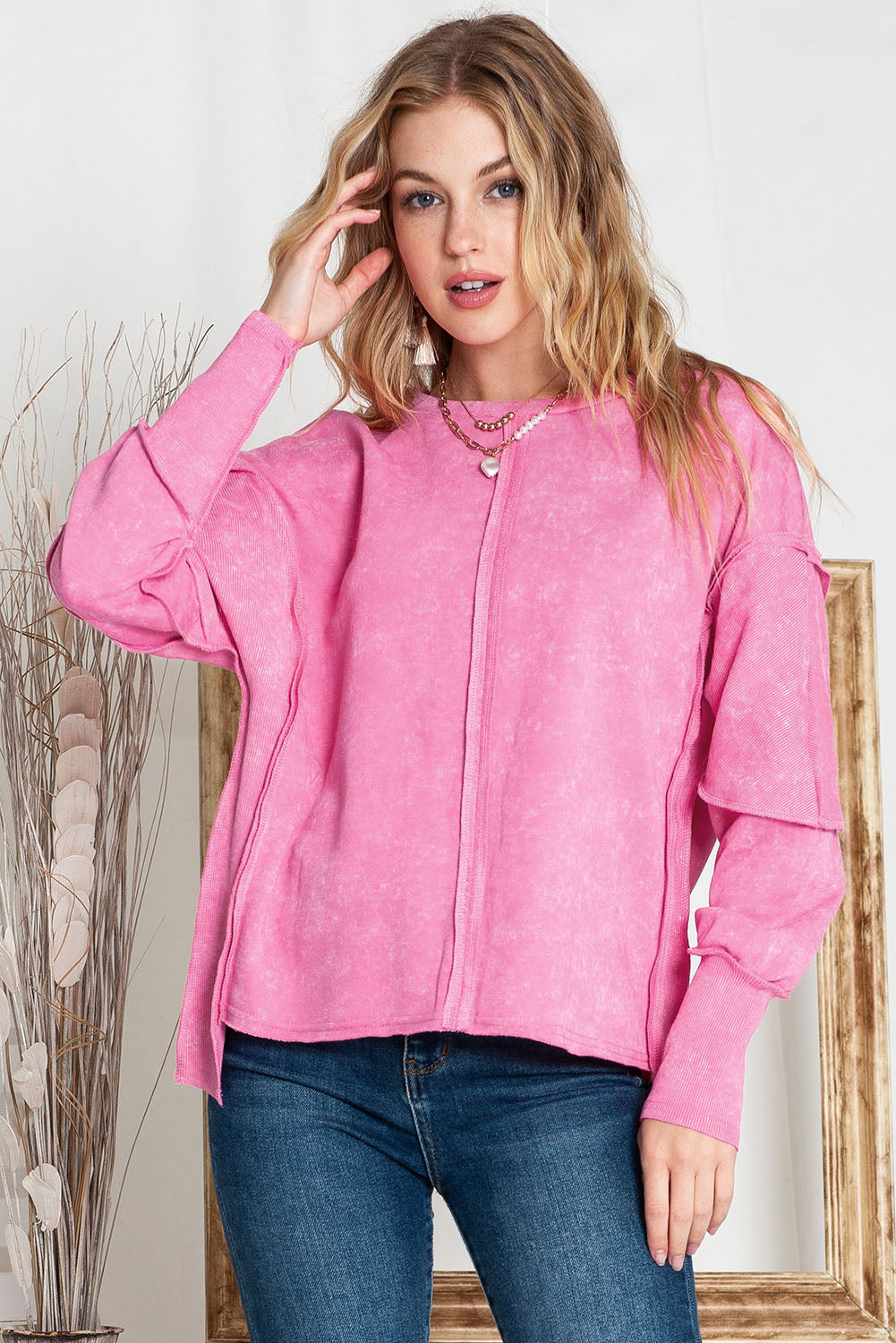 Rose Drop Sleeve Exposed Seam Pullover Sweatshirt