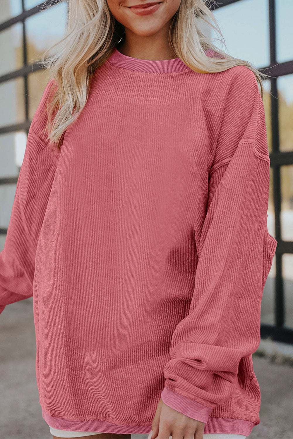 Festival Fuchsia Plain Drop Sleeve Crinkle Rib Oversized Sweatshirt