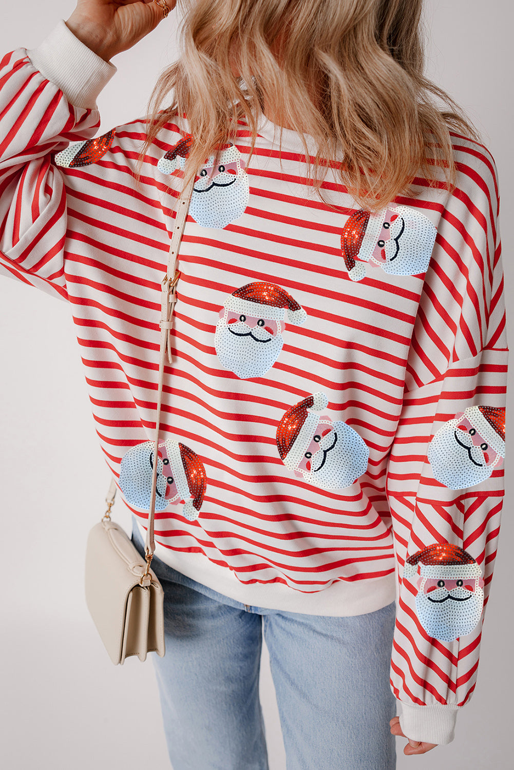 Stripe Sequin Santa Claus Pattern Christmas Pullover Sweatshirt