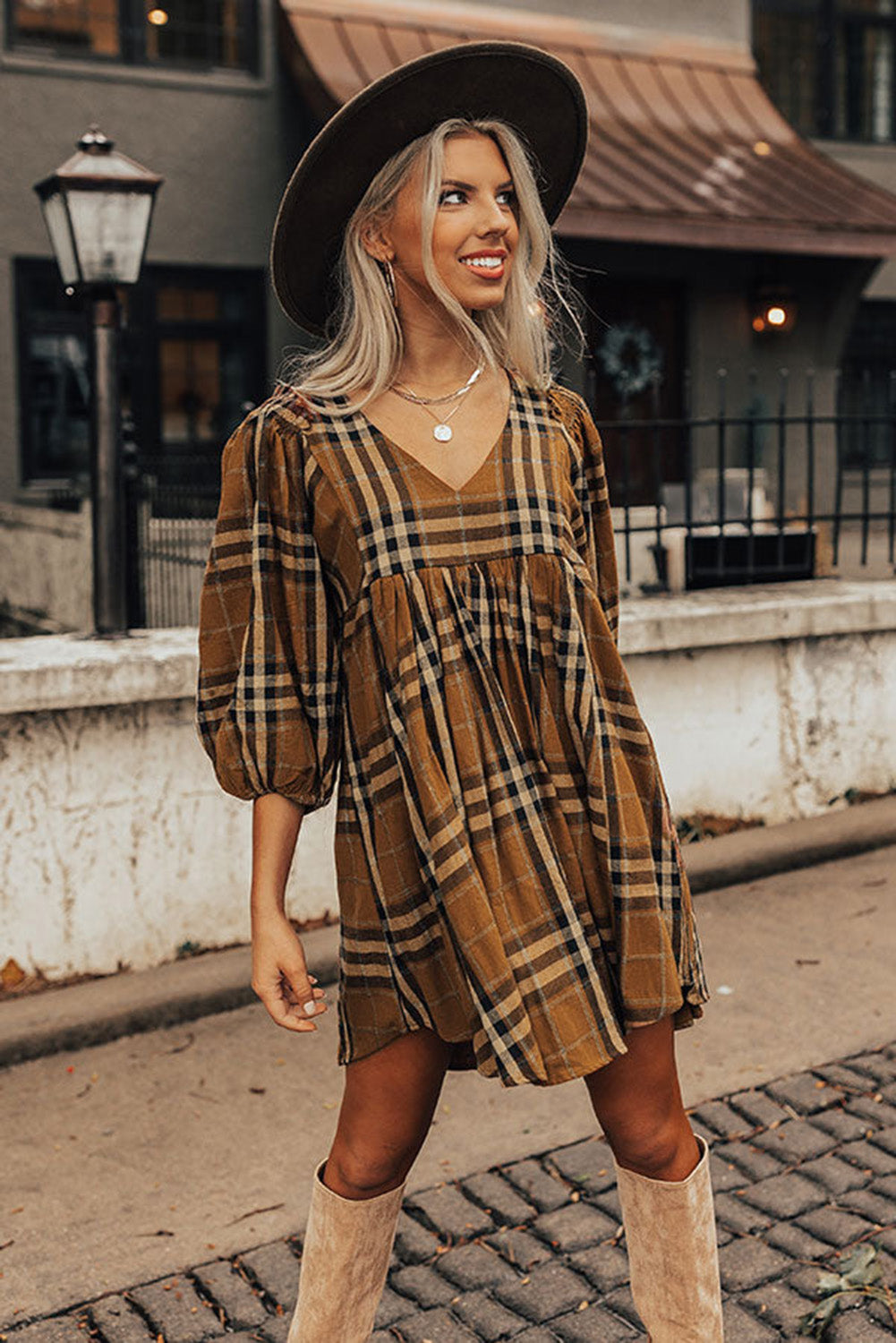 Brown Plaid Pattern Empire Waist Babydoll Dress