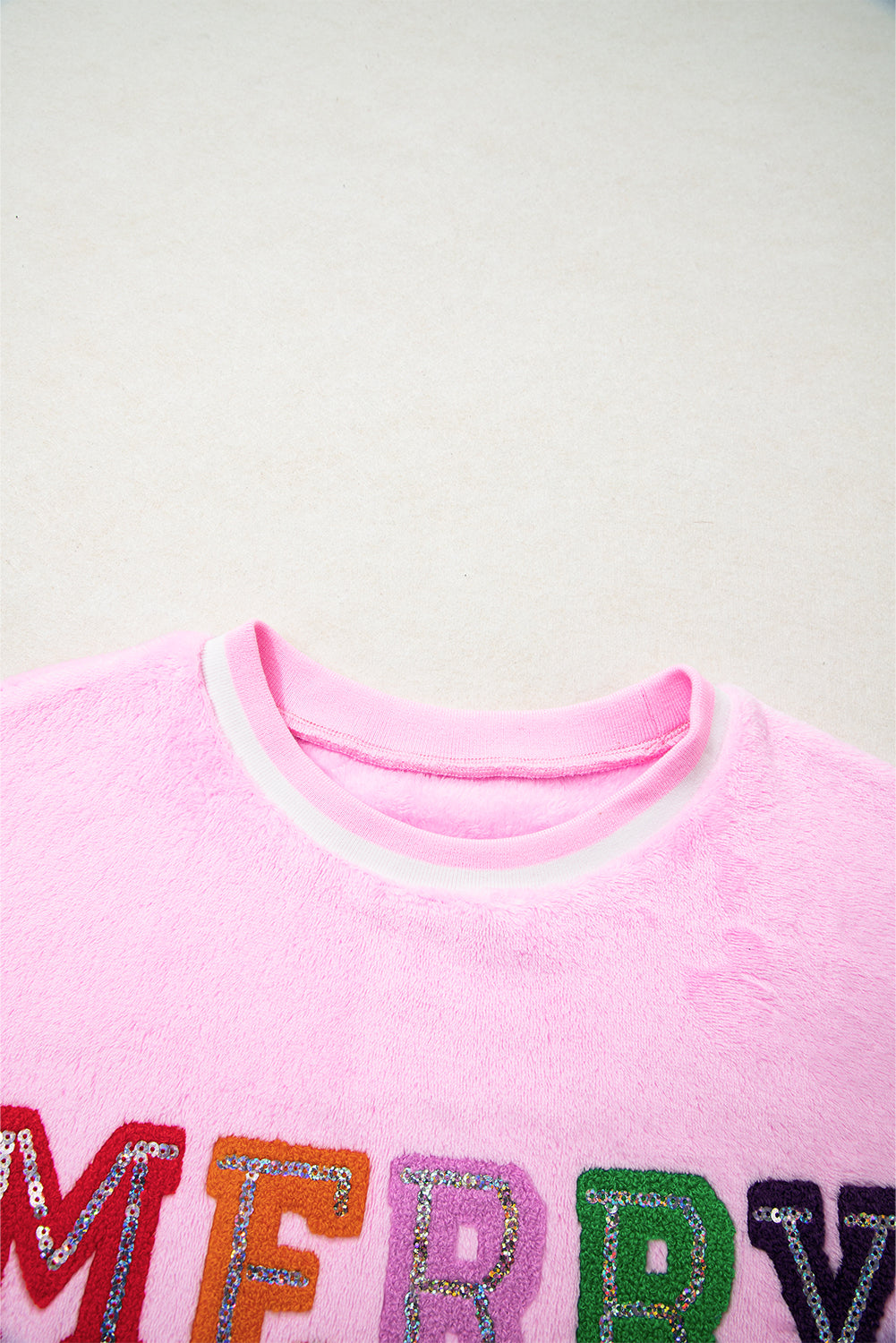 Pink Merry Letter Pattern Plush Pullover