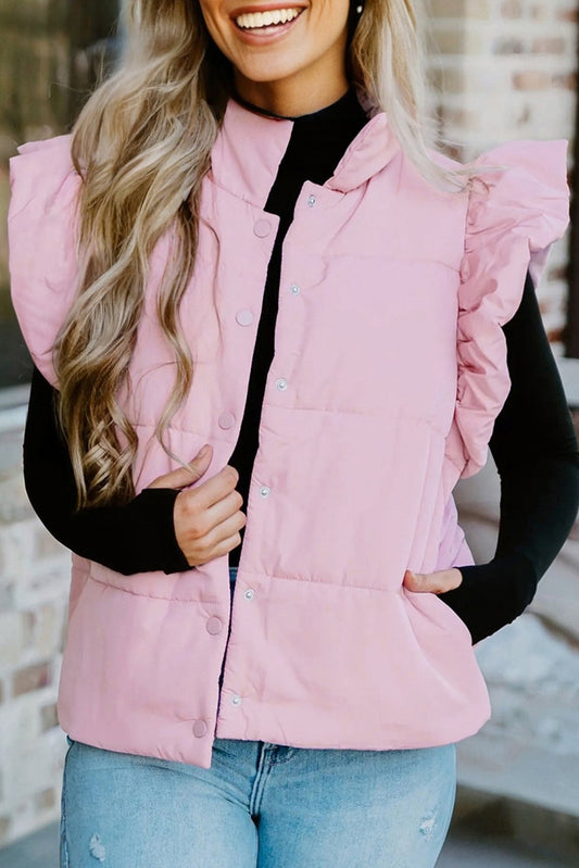 Pink Flutter Sleeve Snap Button Puffer Vest