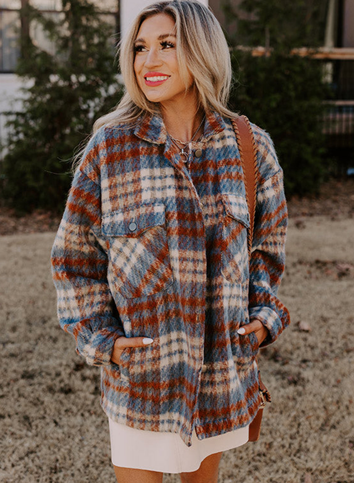 Mist Green Plaid Print Chest Pockets Turn Down Collar Shacket