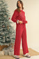 Fiery Red Crinkle Rib Jolly Pattern Long Sleeve Top and Pockets Pants Set