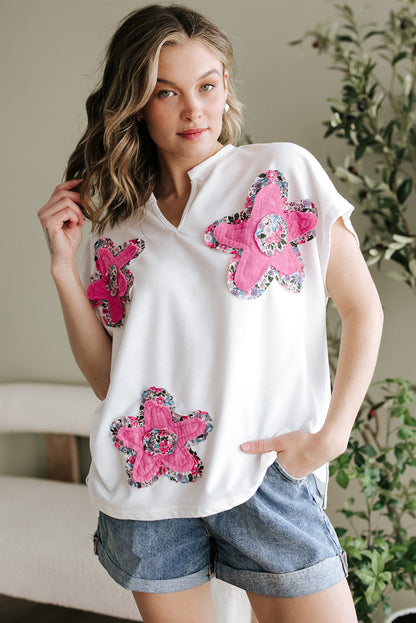 White Floral Applique Notched V-Neck Dolman Sleeve Top