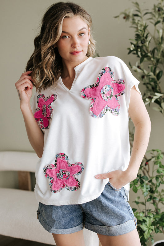 White Floral Applique Notched V-Neck Dolman Sleeve Top