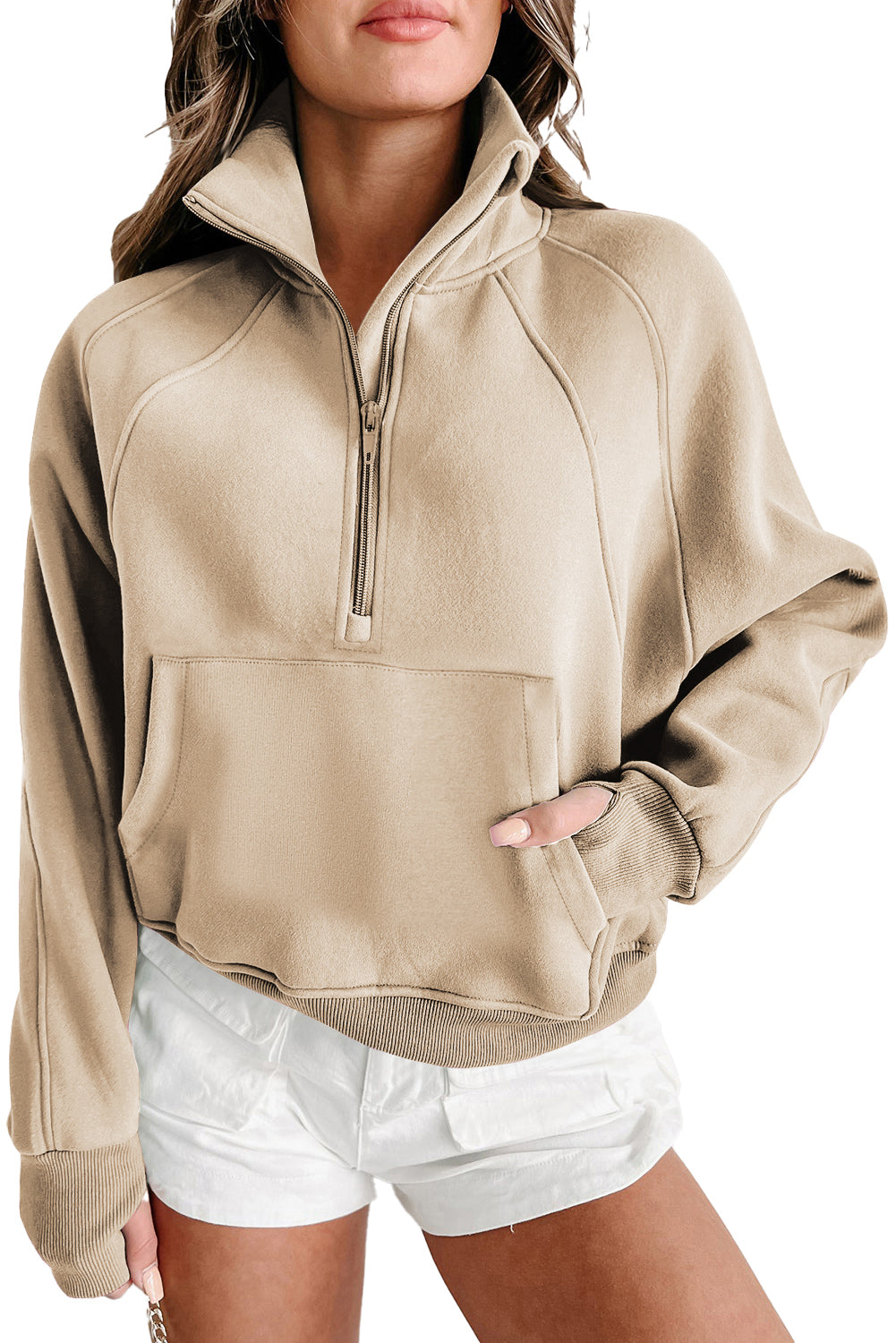 Brown Zip Up Stand Collar Thumbhole Sleeve Sweatshirt